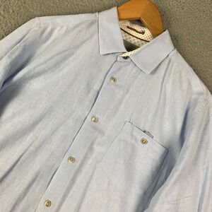 Ted Baker Shirt Mens 4 (Fits XL) Blue Linen Blend Pocket Long Sleeve Button Down
